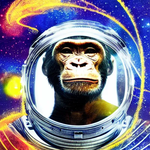 Image similar to double exposure portrait of astronaut and a chimpanzee astronaut with space and time in the the background by davinci, circles, psychedelic, pencil art, high definition, dynamic lighting stars, sharpness, golden ratio