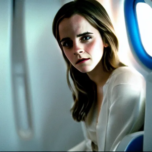 Prompt: emma watson, inside airplane, film still, fujifilm reala, low tonal contrast,