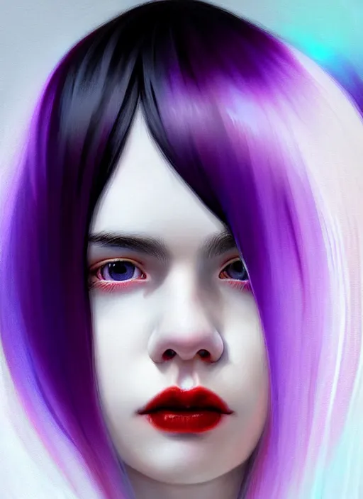 Prompt: hair whitebangs hair, black hair, whitebangsblackhair, portrait of teenage girl with white bangs, red irises, purple clothes, white bangs, bangs are different color from hair, intricate, elegant, glowing lights, highly detailed, digital painting, artstation, concept art, sharp focus, illustration, art by wlop, mars ravelo and greg rutkowski