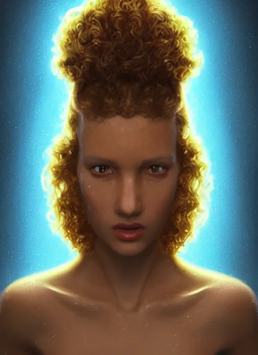 Image similar to glowwave portrait of a curly hair alien from star wars, au naturel, hyper detailed, digital art, trending in artstation, cinematic lighting, studio quality, smooth render, unreal engine 5 rendered, octane rendered, art style by klimt and nixeu and ian sprigger and wlop and krenz cushart.
