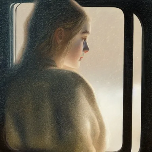 Prompt: silhouette of Elle Fanning gazing out a train-car window, stormy weather, extremely detailed masterpiece, oil on canvas, low-key neon lighting, artstation, Blade Runner 2049, Roger Deakin’s cinematography, by J. C. Leyendecker and Peter Paul Rubens,