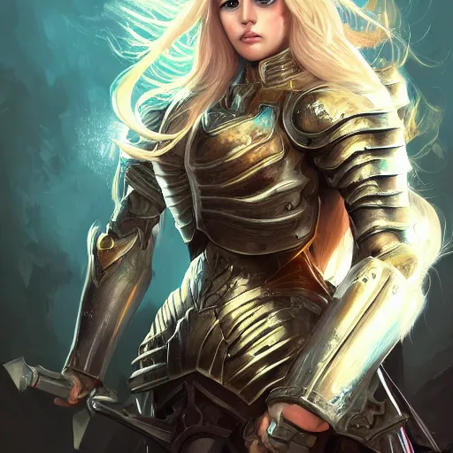 Prompt: portrait of a blonde - haired woman in heavy armor, aura of magic around her, gloomy atmosphere, trending on artstation, hyper detailed