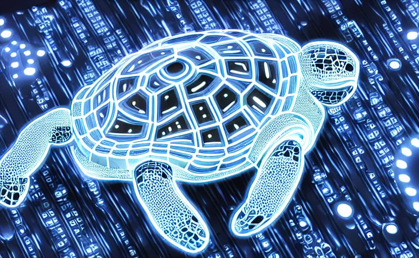 Image similar to artificial Intelligence turtle with its shell made out of modular-synth dials and knobs with an AMOLED display, LED light accents, sleek design by apple, triple white colorway, modular-synth, VST, geometric abstract scene, 4k, 33mm, high quality photo,