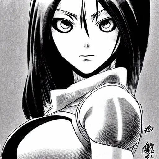 Image similar to alita by yukito kishiro. medium shot. black and white manga. pencil drawing.