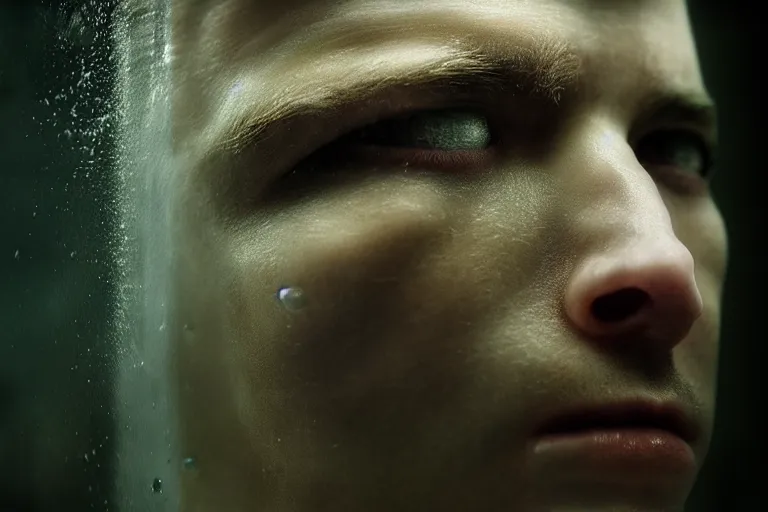 Image similar to an ultra realistic, cinematic, fantasy, portrait, of a prisoner, face in water, dramatic, soft light, dreamy, facial features, stood in a cell, with prison clothing, detailed, deep focus, movie still, dramatic lighting, ray tracing, by michal karcz and yoshitaka amano