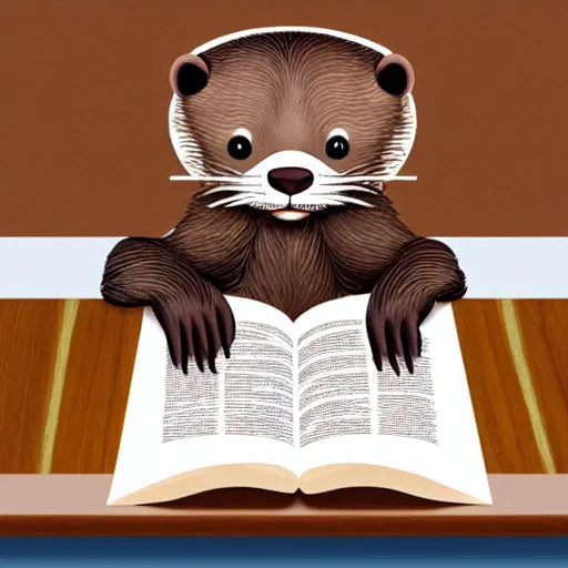 Prompt: a cute otter reading a book at a school desk, hyperrealistic, dynamic lighting