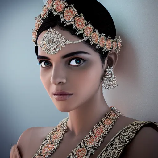 Image similar to portrait of wonderful hindi princess of white diamonds with fair skin, white flowers, ornate with white diamonds, 8 k, gorgeous, intricate, detailed, glowing white accent lighting, dramatic lighting, octane render