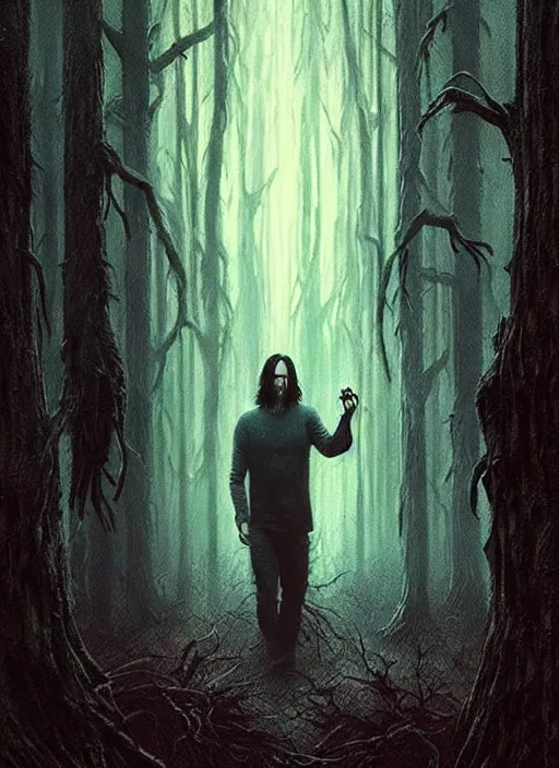 Image similar to highly detailed horror movie poster with angry creepy keanu reeves as a tree, keanu reeves faces in the bark of many trees sentient leafy catastrophe by greg rutkowski, masterpiece, really funny, 1 0 / 1 0 creepy