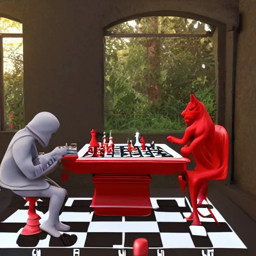 Image similar to grim reaper playing chess with a red cat at a table on a sunny veranda, 8 k, ultra realistic, unreal engine 5