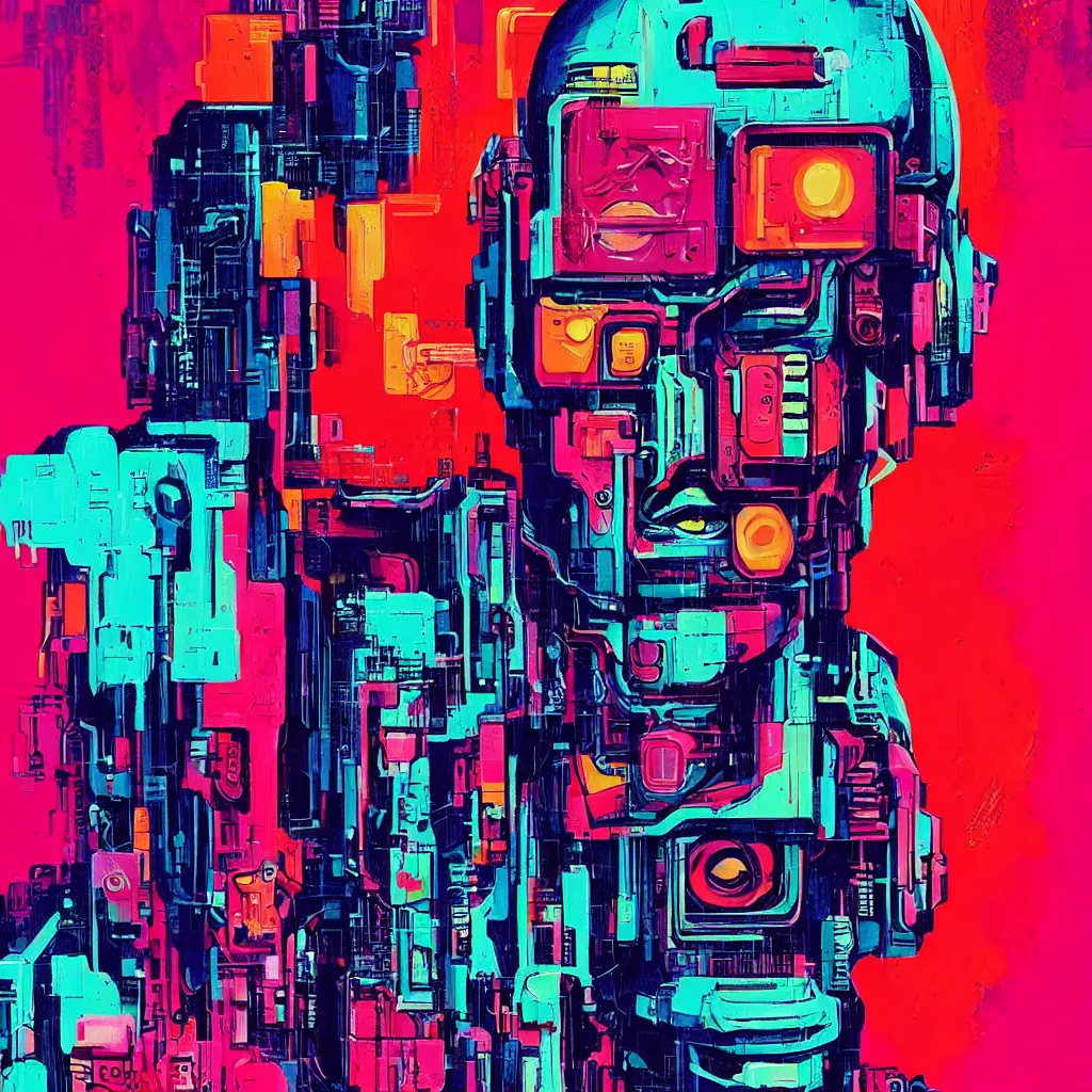 Image similar to risograph style gouache impasto huge robot head, cyberpunk art by by james gilleard, cgsociety, retrofuturism, synthwave, retrowave, outrun