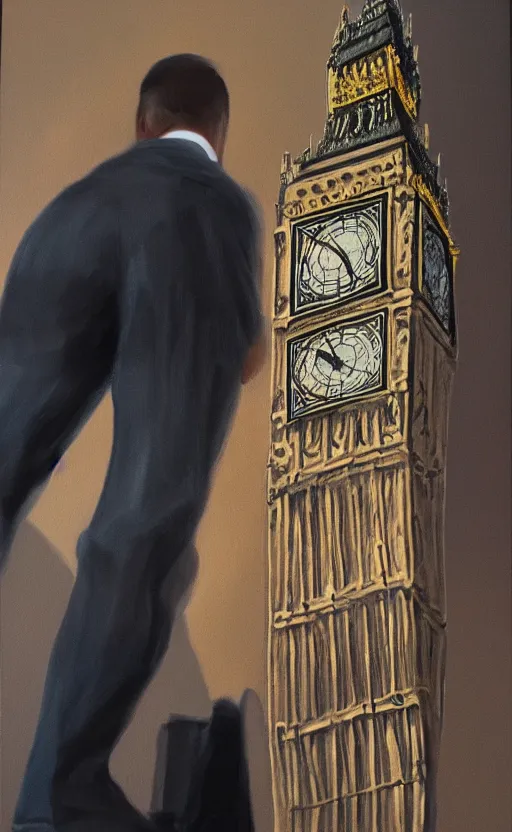 Prompt: detailed photorealistic painting of a man with a miniature big ben between his legs