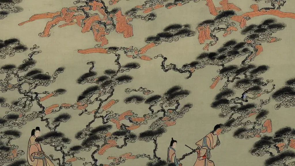 Prompt: beautiful 1 9 6 0 s painting of ancient china, miyazaki, cinematic, intricate detail