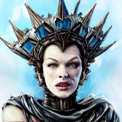 Image similar to mister freeze as an attractive young smiling woman played by milla jovovich wearing a mushroom crown and heavy armoured wedding dress, face portrait, hd shot, digital portrait, elegant, beautiful, fantasy art, artstation, comic style, by artgerm, guy denning, jakub rozalski, magali villeneuve and charlie bowater