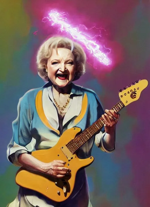 Prompt: Betty White shredding on an electric guitar, painting by Frank Frazetta, 3D rendering by Beeple, crusty