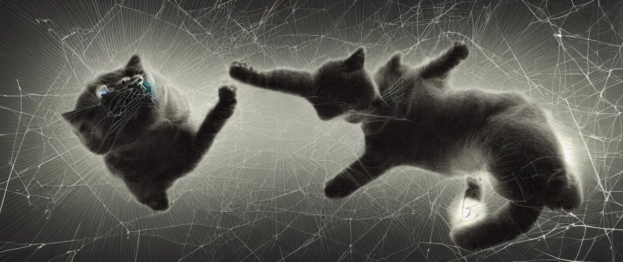 Image similar to 3 d render of cat playing with yarn in non - euclidean space using portals, dynamic motion, elements of glitch art, advanced concept art, high detail, artstaion, dark atmosphere, noir, 4 k