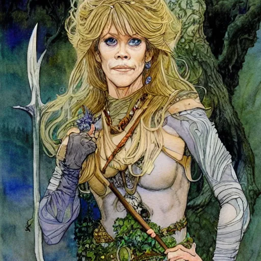 Image similar to a realistic and atmospheric watercolour fantasy character concept art portrait of jane fonda as a druidic warrior wizard looking at the camera with an intelligent gaze by rebecca guay, michael kaluta, charles vess and jean moebius giraud