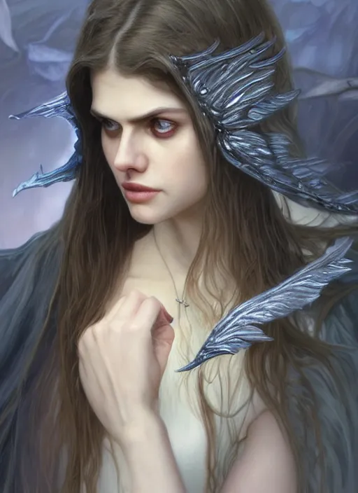 Prompt: Portrait of Alexandra Daddario, white glowing eyes, silver hair, cloak, ethereal wings, female, fantasy, extremely detailed, digital painting, artstation, concept art, smooth, sharp focus, illustration, stunning lighting, art by artgerm and greg rutkowski and alphonse mucha and simon stalenhag, realistic character concept, high fantasy, light atmosphere, golden ratio, cinematic lighting, hyperdetailed, high resolution, insanely detailed and intricate, artstation, Marc Simonetti, Greg Rutkowski, 8k