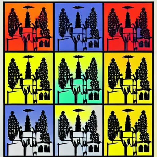 Prompt: beautiful gothic castle landscape in the style of Pop art