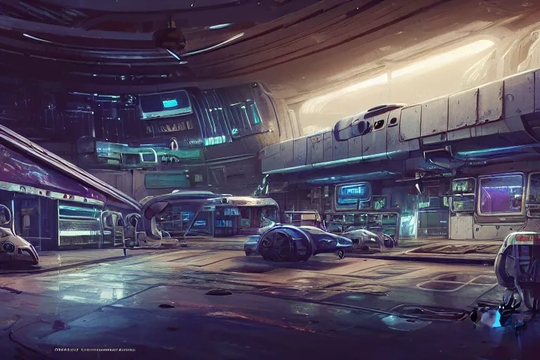 Image similar to Ultra realistic illustration, a run down battered spaceport in the outskirts of Tavlos city, a refuelling station filling up an old transporter waiting to take off, soft neon lights, fuelling cables on the floor, cyberpunk, sci-fi, fantasy, intricate, elegant, highly detailed, digital painting, artstation, concept art, smooth, sharp focus, illustration, dramatic lighting, art by Syd Mead and Giger