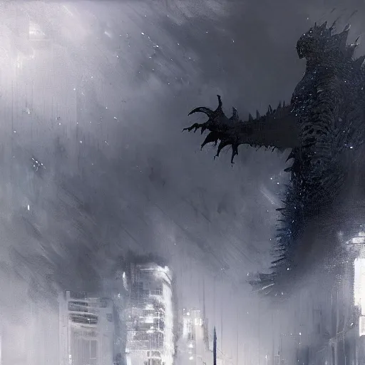 Image similar to godzilla by jeremy mann, dark cyberpunk style