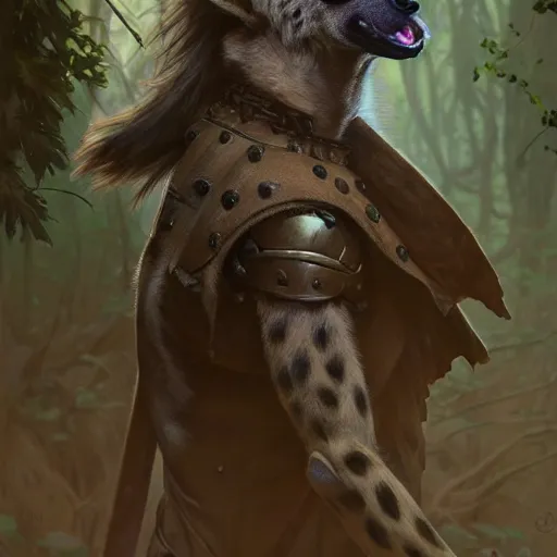 Image similar to photo of a humanoid hyena were a heroic dress an armour in the forest, long hair, highly detailed, digital painting, artstation, smooth, sharp focus, illustration, art by artgerm and greg rutkowski and alphonse mucha