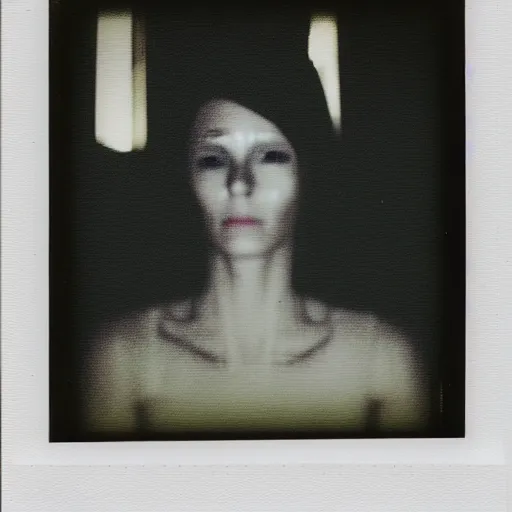 Image similar to glitchpunk damaged polaroid photo of a blurry woman in a dark dystopian future