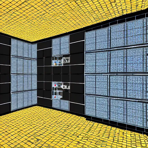 Prompt: blocky spacestation interior head - height view angle with feng shui decor