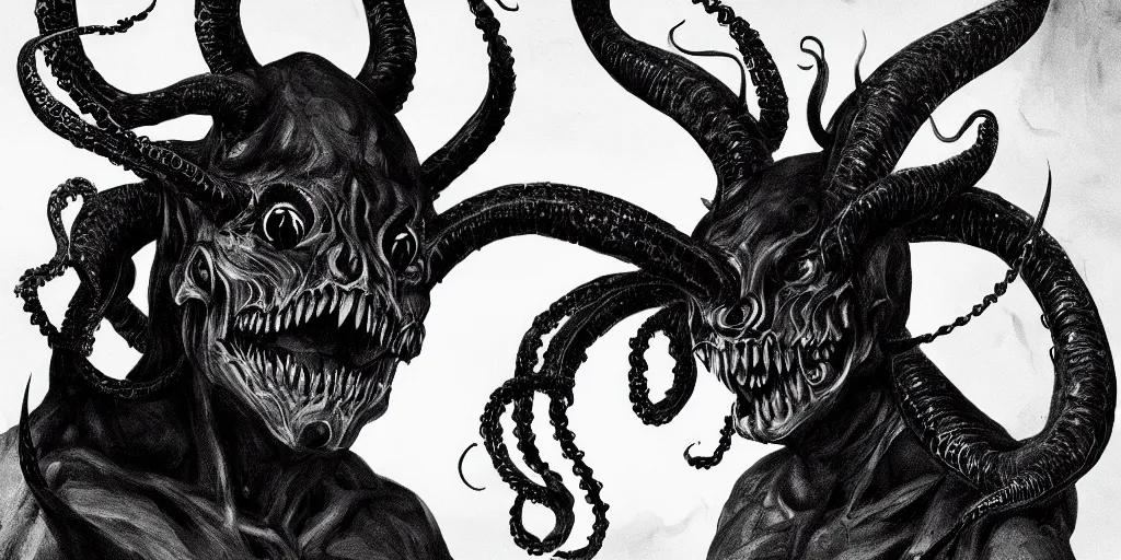 Image similar to highly detailed black and white photography of a demon face with pointed horns and tentacles, beautiful face, art by durero, illustration