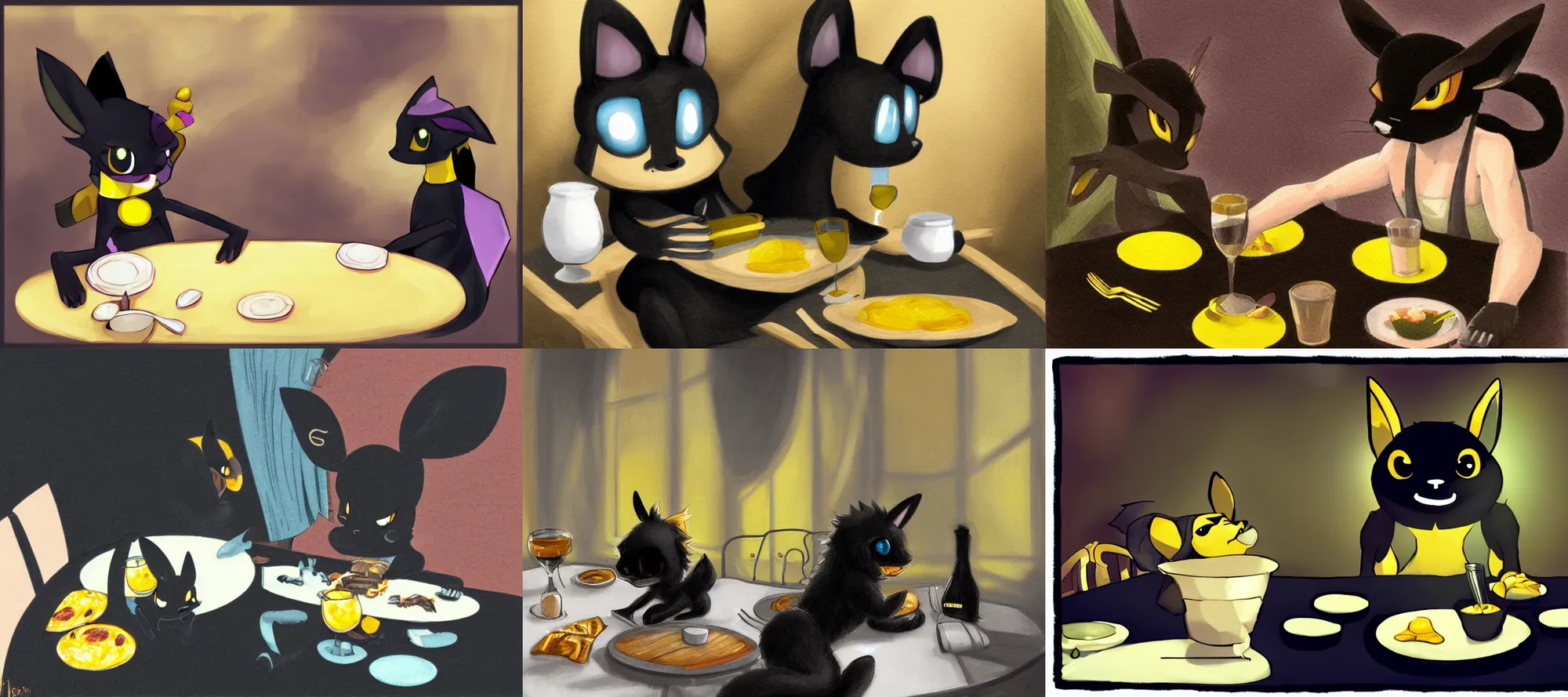 Prompt: umbreon wearing a tanktop eating dinner at a table in the backrooms happiness is temporary by chiaroscuro