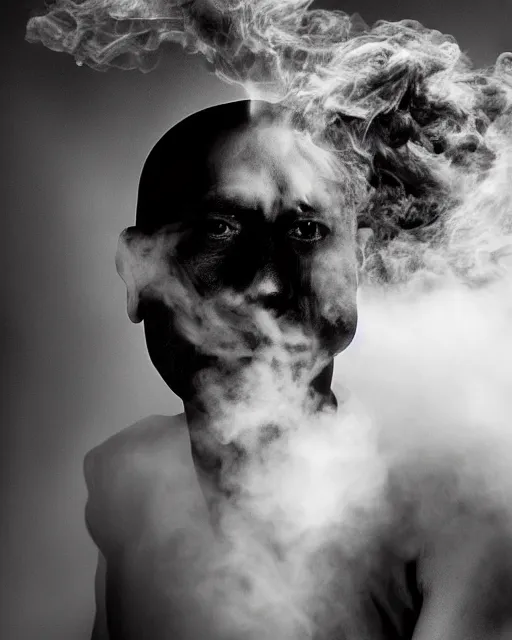 Image similar to annie liebowitz photo of a man who's head is turning into a puff of smoke, black and white