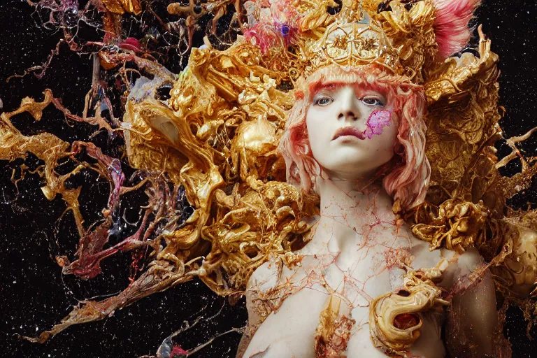 Image similar to Cinestill of A heartbreaking realistic 8k Bernini Sculpture of a stunning intricate cracked multicolored milky cosmic marble Evangelion Fallen Angel Devil Queen adorned in sentient mycelium mystical jewelry and ancient Empress crown and misty xparticles. by Yoshitaka Amano, Daytoner, Greg Tocchini, Scattered golden flakes, Hyperrealism. Subsurface scattering. Octane Render. Weirdcore