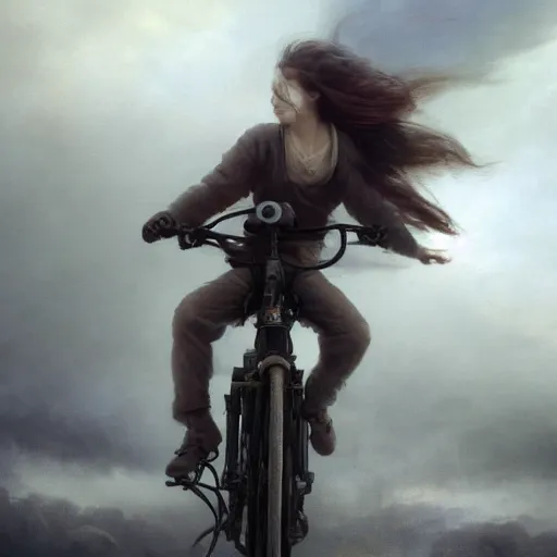 Image similar to cinematic shot epic portrait emma watson riding a bicycle in the streets, atmospheric, cloudy, broad light, ambient occlusion, volumetric light effect, made by ivan aivazovsky, peter mohrbacher, greg rutkowski, ross tran, matte painting, trending on artstation, 4 k, perfectly defined features, digital painting, cinematic, epic, highly detailed,