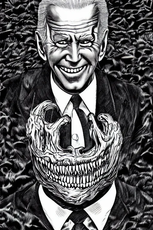 Image similar to joe biden evil grin, horror, terrifying artwork, monster, artwork by junji ito, black and white manga