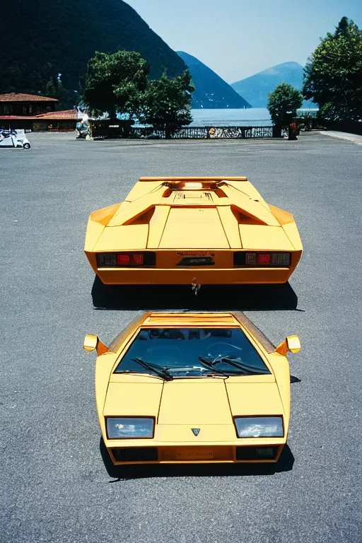 Image similar to Medium Format Portrait Photo of a Lamborghini Countach parked on a dock in Lake Como, sunny, award winning, highly detailed, depth of field, Cinestill 800t, wide shot, photo print.