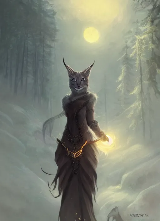 Image similar to fantasy art by charlie bowater and yoshitaka amano, lynx holding a golden intricately decorated shiny scepter, night, spruce trees on the sides, mountains in the background, eerie dark atmosphere, moonlit, back light