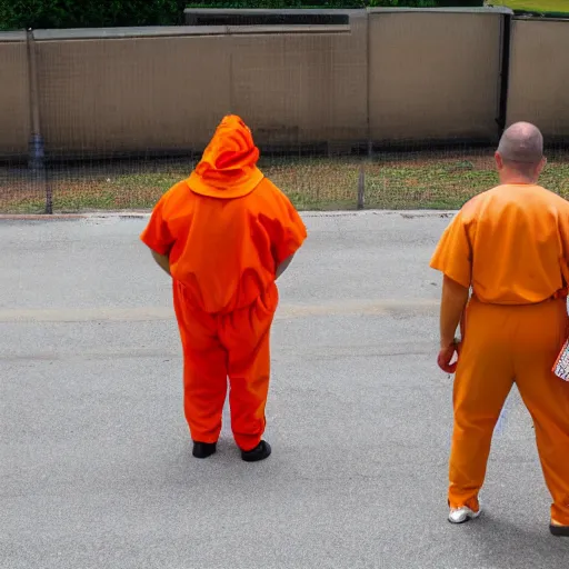 Image similar to inmate with orange suit and using a bee head