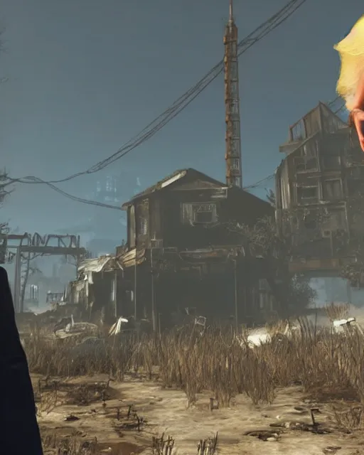 Image similar to Trump in Fallout 4, gameplay screenshot, close shot