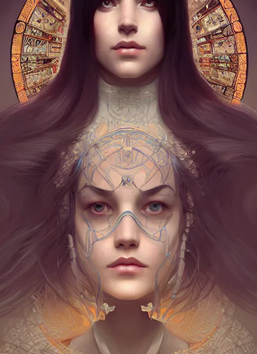 Prompt: symmetry!! alice, machine parts embedded into face, intricate, elegant, highly detailed, digital painting, artstation, concept art, smooth, sharp focus, illustration, art by artgerm and greg rutkowski and alphonse mucha, 8 k