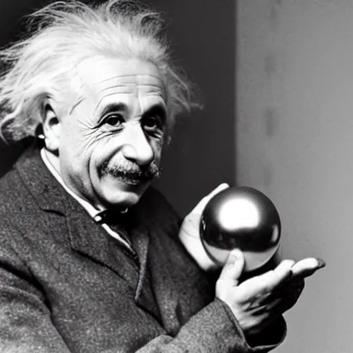 Image similar to einstein holding ( model of atom with metallic spheres ) in his hands, color