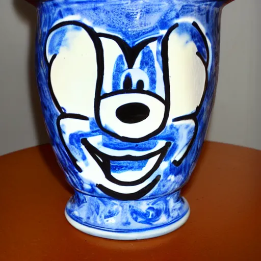 Image similar to a delft blue vase with a happy mickey mouse meth depicted on it ; extremely detailed