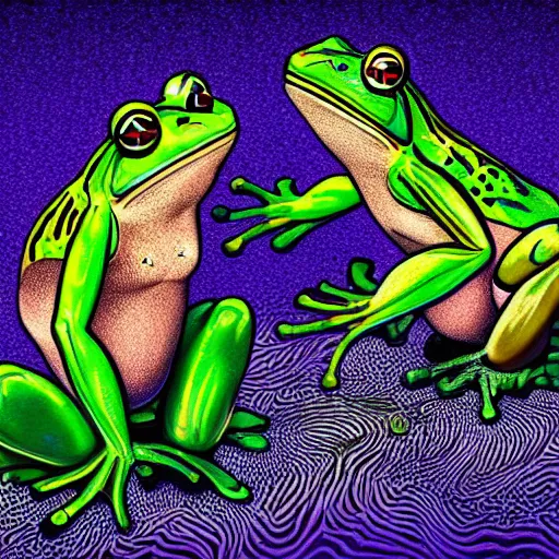 Prompt: Alex Jones turning thousands of frogs gay. Super resolution. Award winning illustration art in the style of Alex Grey