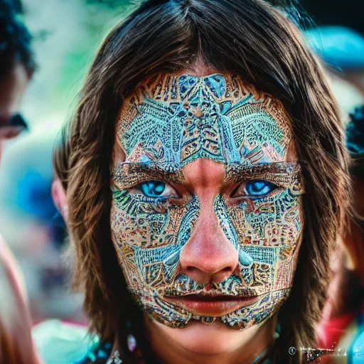 Prompt: the face of a person at a festival who has glimpsed the fourth dimension, intricately detailed, beautiful face, detailed eyes, award winning, 4 k