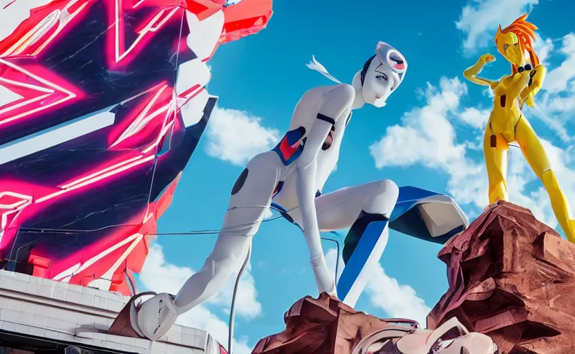 Image similar to billboard advertisement with an extremely beautiful photo of a white marble statue of an anime girl with colorful motocross logos and motorcycle helmet with closed visor, colorful smoke in the background, carved marble statue, fine art, neon genesis evangelion, virgil abloh, offwhite, denoise, highly detailed, 8 k, hyperreal