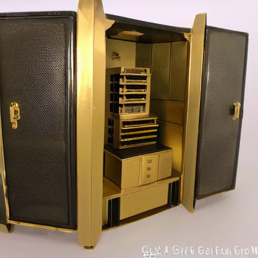 Image similar to diorama box of a computer server bank room, gold, art deco, rust, worn, room full of computers
