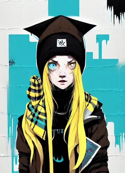 Image similar to highly detailed portrait of a sewer punk lady student, blue eyes, tartan hoody, hat, white hair by atey ghailan, by greg rutkowski, by greg tocchini, by james gilleard, by joe fenton, by kaethe butcher, gradient yellow, black, brown and cyan color scheme, grunge aesthetic!!! ( ( graffiti tag wall background ) )