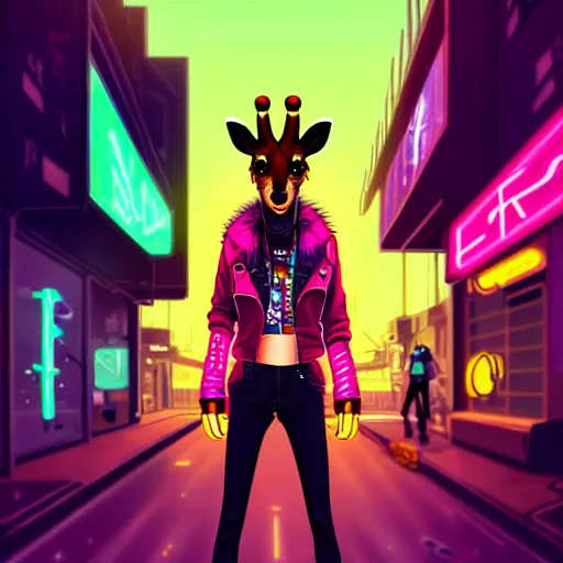 Image similar to beautiful furry digital art portrait commission of an androgynous furry anthro giraffe fursona wearing punk clothes in the streets of a cyberpunk city. neon signs. character design by charlie bowater, ross tran, artgerm, and makoto shinkai