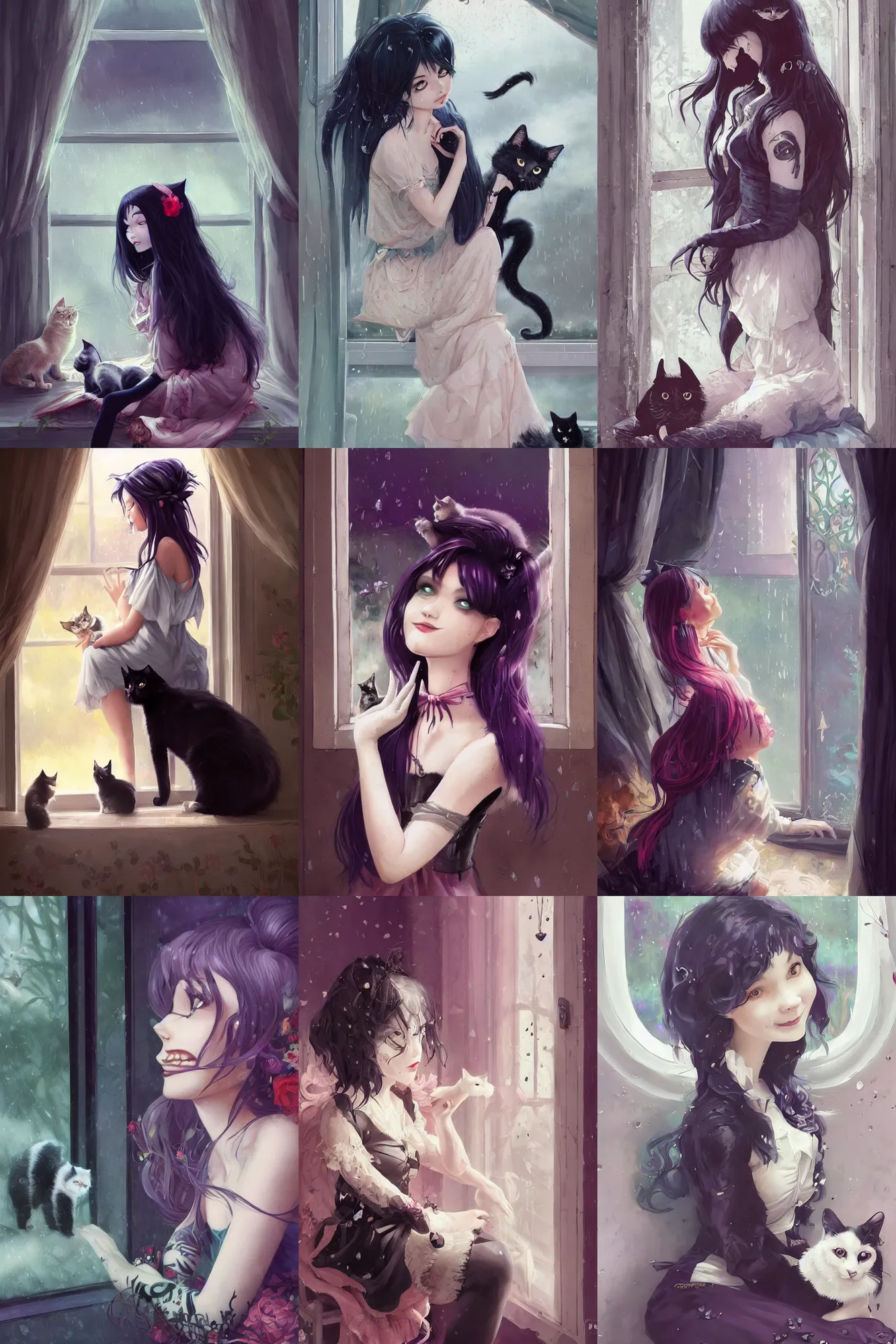 Prompt: a beautiful goth girl sitting in her bedroom petting a cat, looking out the window | | cute - fine - subtle smile, colorful hair, face, pretty face, raining outside, fine details by stanley artgerm lau, wlop, rossdraws, james jean, andrei riabovitchev, marc simonetti, and sakimichan, trending on artstation