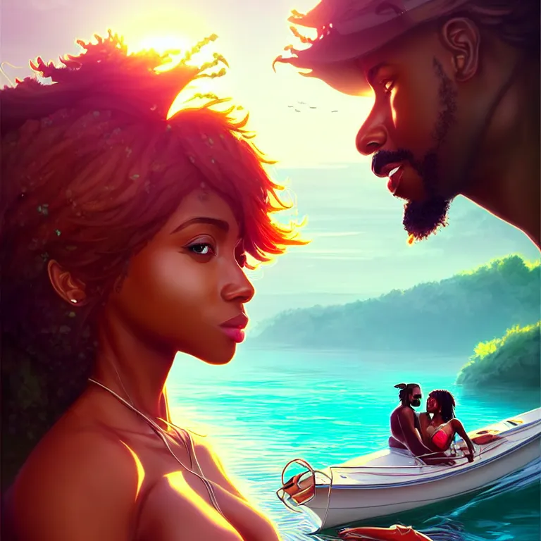 Image similar to epic professional digital art of 🍃 🛥 😘 👩🏾‍❤️‍💋‍👨🏾 ❤️, best on artstation, cgsociety, wlop, cosmic, epic, stunning, gorgeous, much detail, much wow, masterpiece