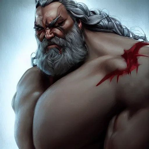 Image similar to dark fantasy character portrait of a huge muscular tall giant Reinhardt from Overwatch, long white hair and beard, a red scar over his left eye, intricate, wild, highly detailed, digital painting, artstation, upper body, concept art, smooth, sharp focus, illustration, art by artgerm and greg rutkowski and alphonse mucha