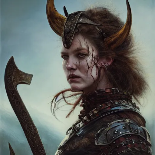 Prompt: Official photo of a majestic fierce viking woman, leader, fear, scarred, highly detailed, viking attire, cinematic, 8k, 1080s, by Stanley Artgermm, Tom Bagshaw, Greg Rutkowski, Vincent di Fate, Carne Griffiths, Ayami Kojima, trending on DeviantArt, hyper detailed, full of color, digital art,